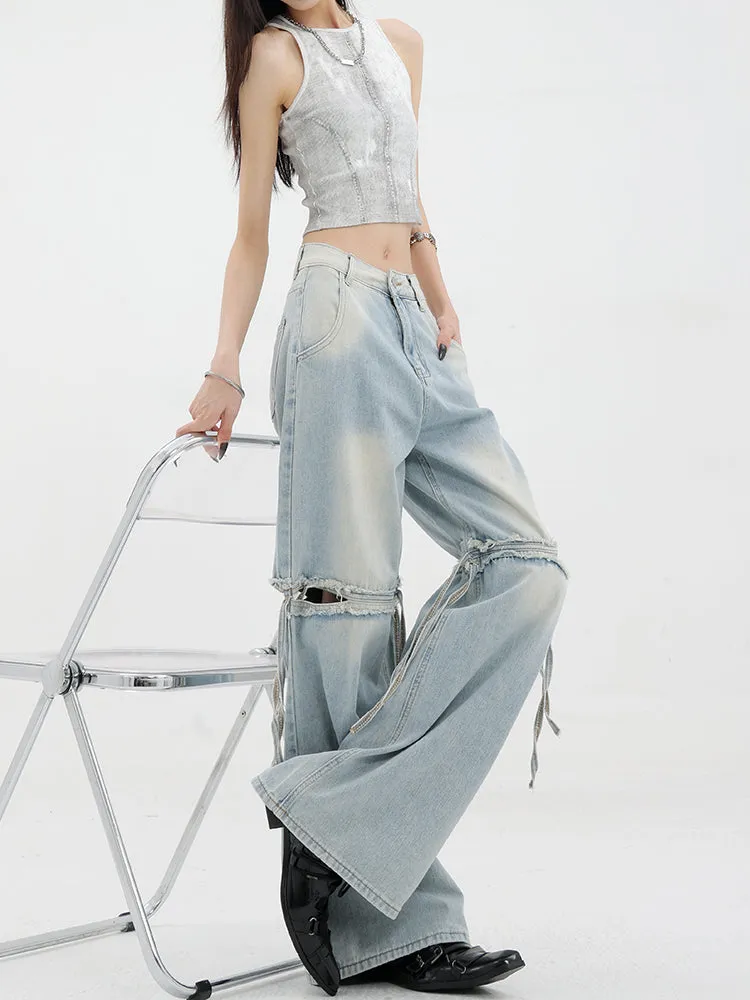 【24s Jun.】Washed Ribbon Patchwork Ripped Loose Wide-Leg Jeans