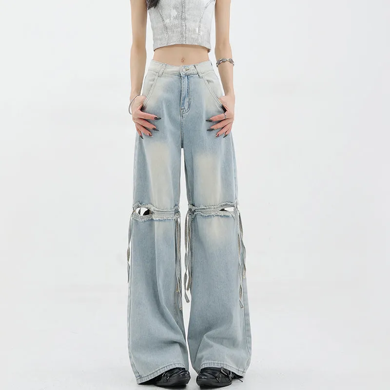 【24s Jun.】Washed Ribbon Patchwork Ripped Loose Wide-Leg Jeans