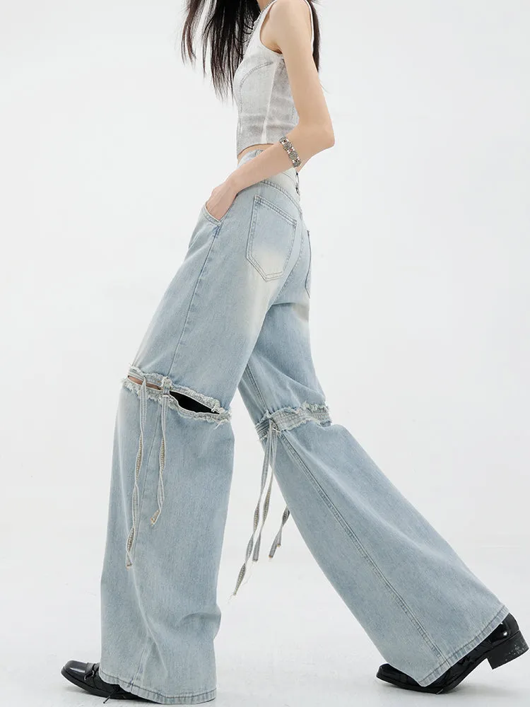 【24s Jun.】Washed Ribbon Patchwork Ripped Loose Wide-Leg Jeans