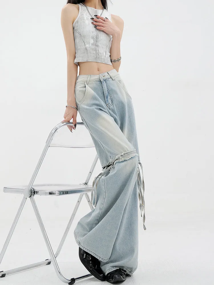 【24s Jun.】Washed Ribbon Patchwork Ripped Loose Wide-Leg Jeans