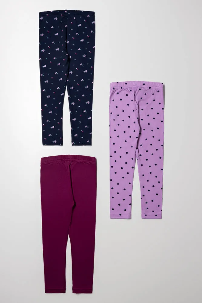 3 Pack Floral Leggings Navy, Purple And Burgundy