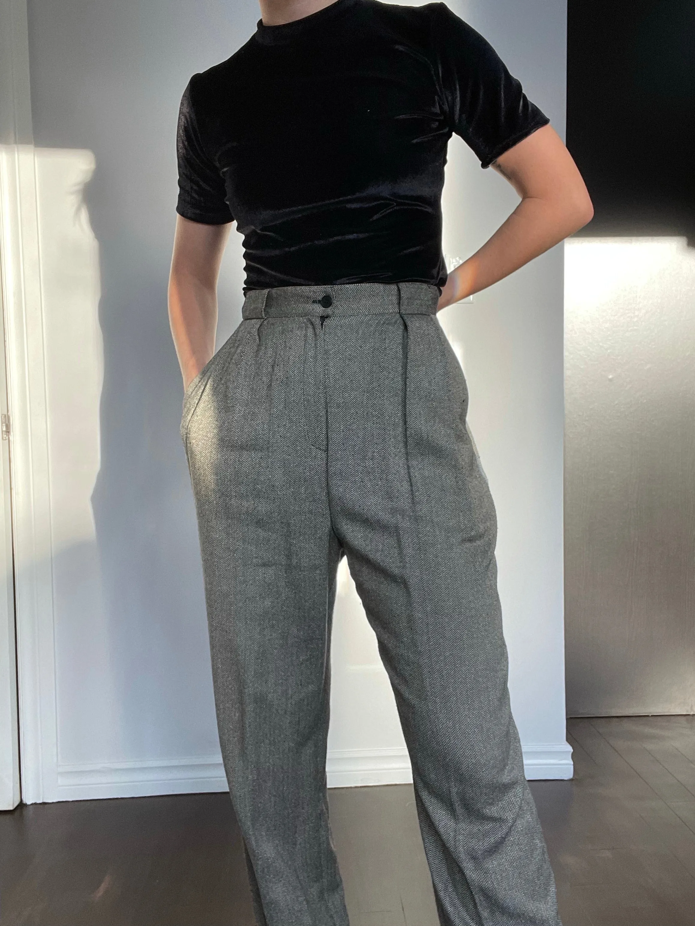 90s Cozy Ultra-Highrise Silk-Blend Herringbone Trousers - 29