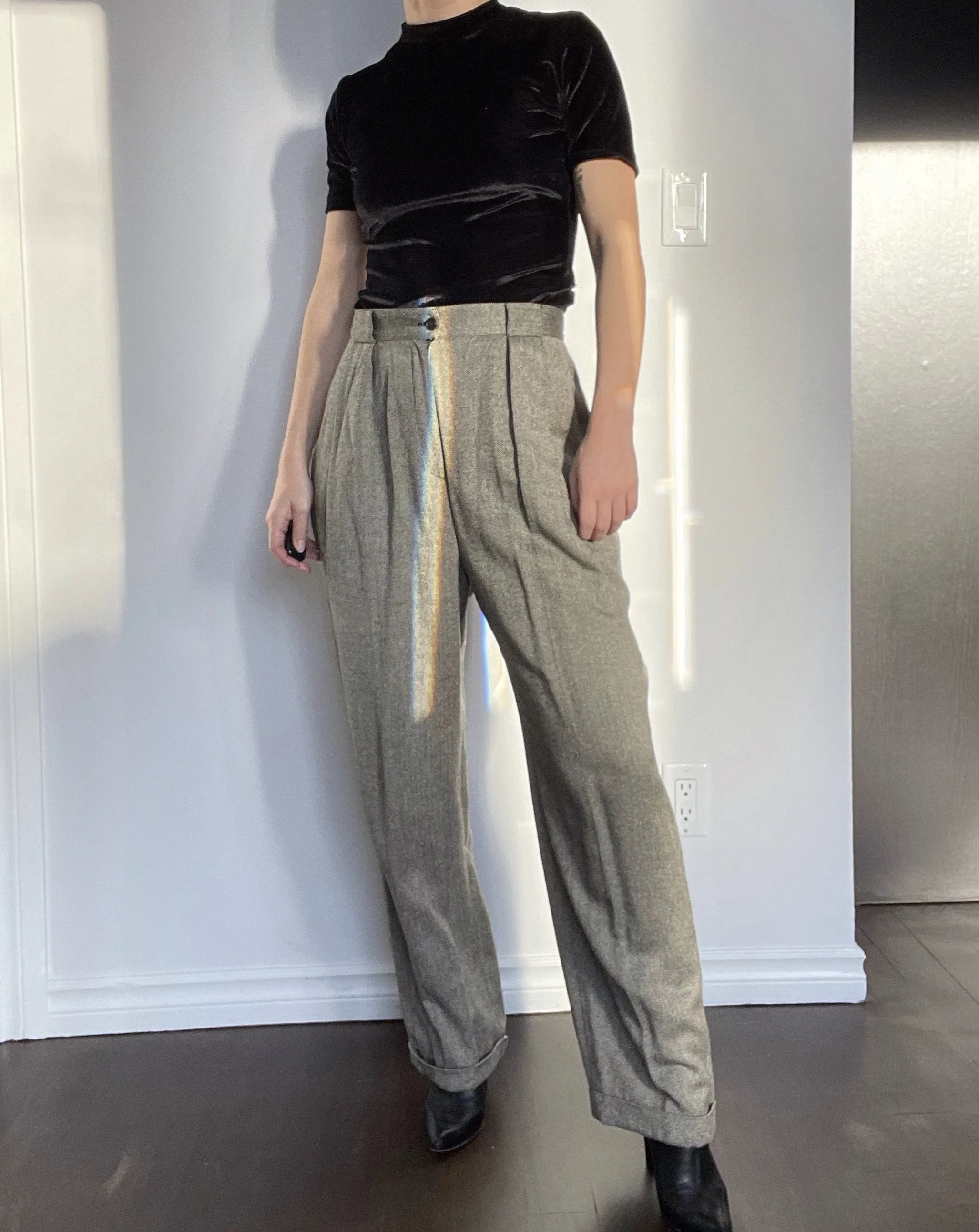 90s Cozy Ultra-Highrise Silk-Blend Herringbone Trousers - 29