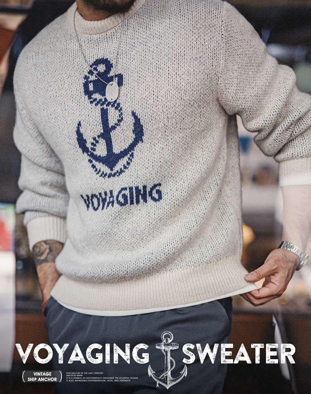 American Retro Knitted Anchor Jacquard Vintage Pullover Men's Sweater