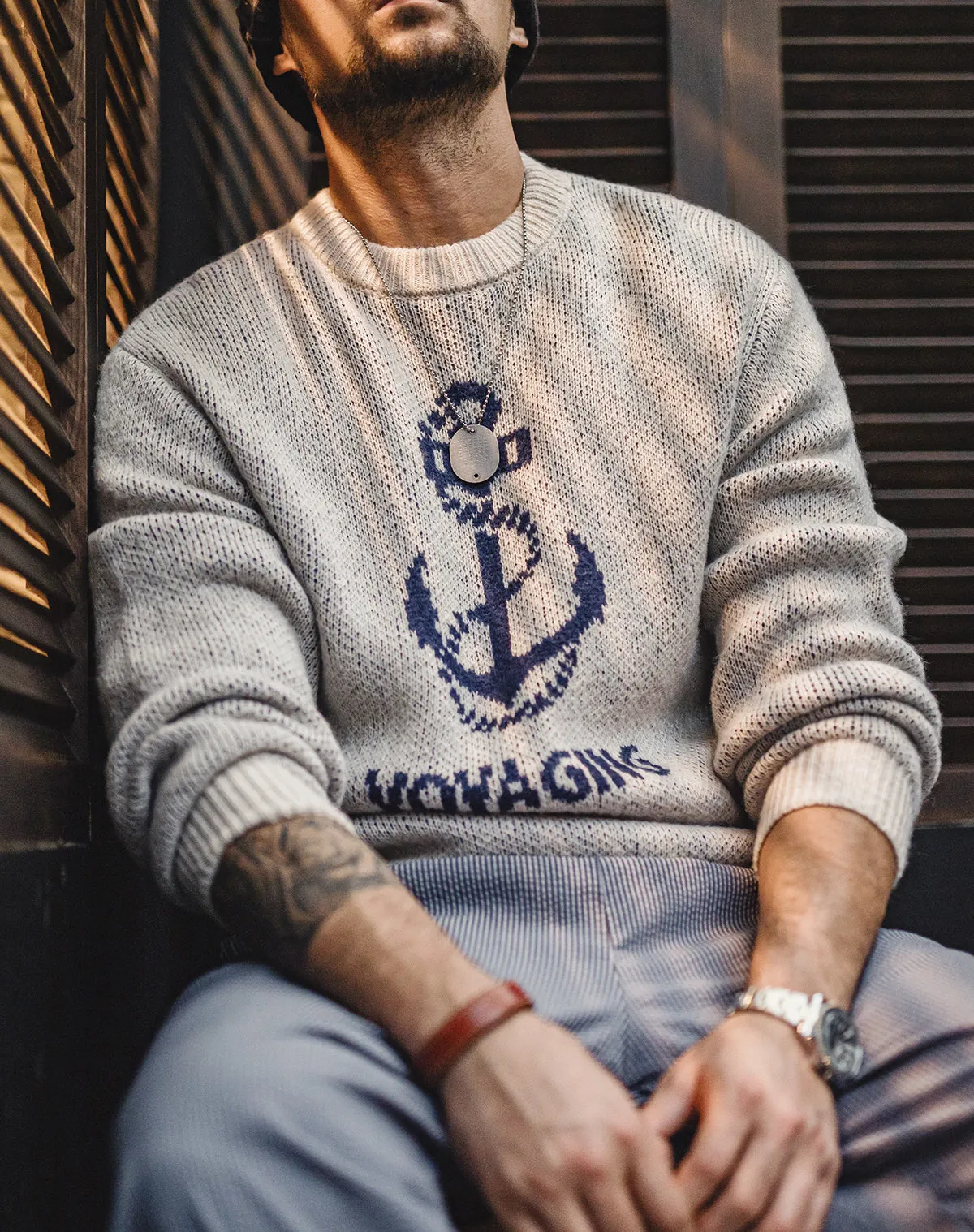 American Retro Knitted Anchor Jacquard Vintage Pullover Men's Sweater