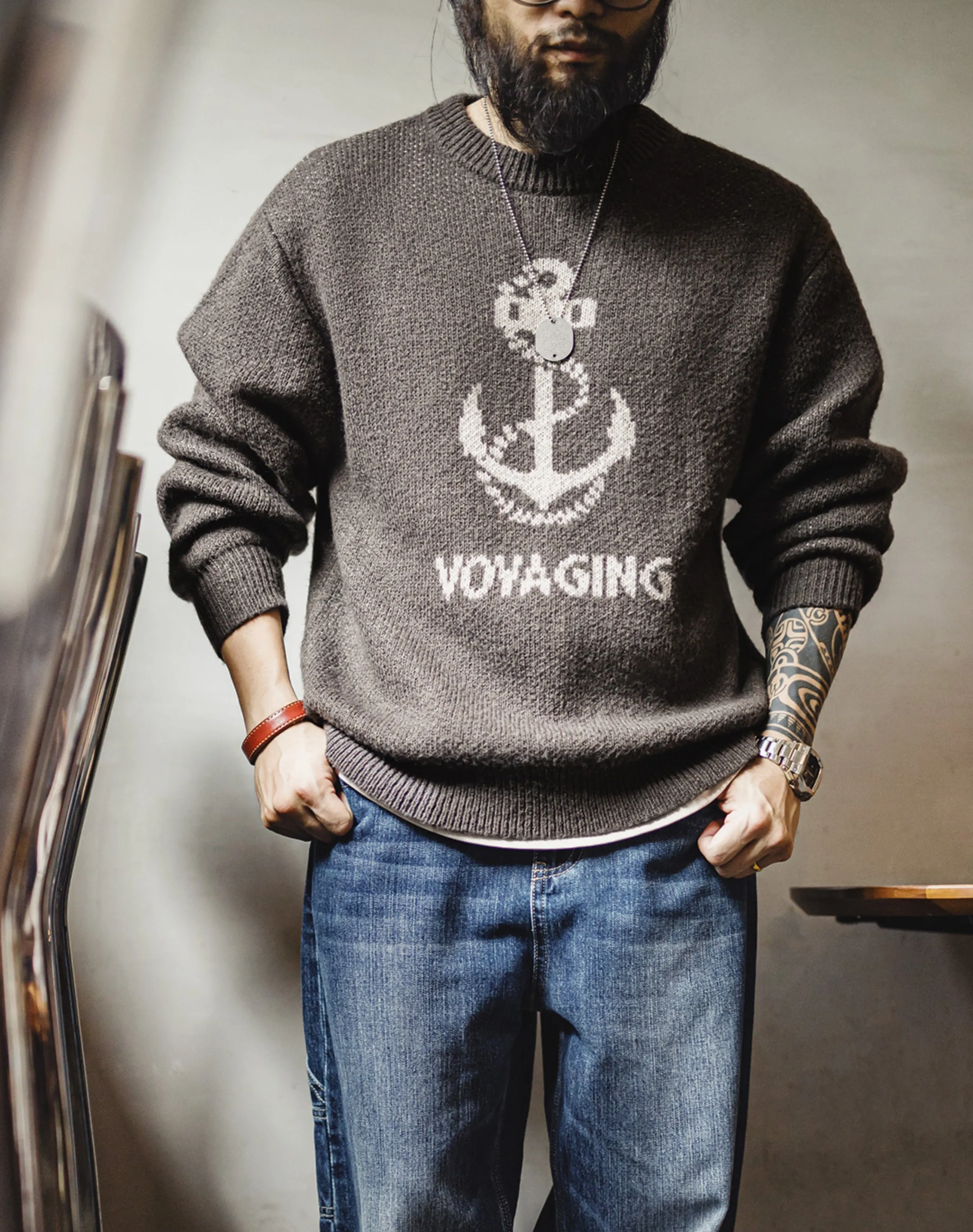 American Retro Knitted Anchor Jacquard Vintage Pullover Men's Sweater