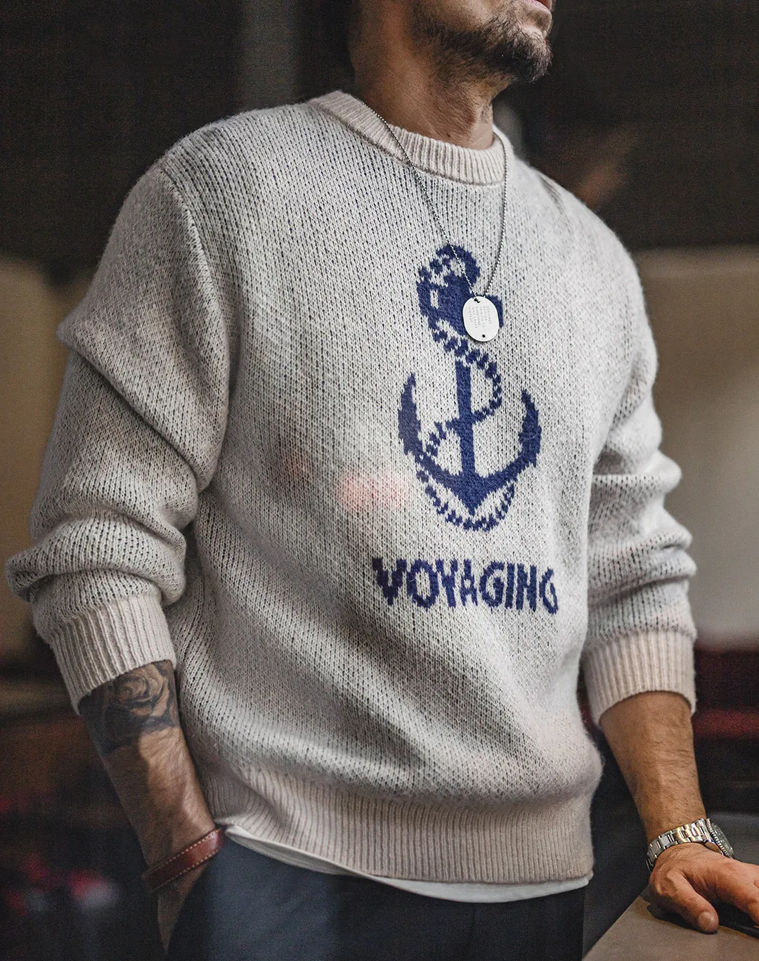 American Retro Knitted Anchor Jacquard Vintage Pullover Men's Sweater