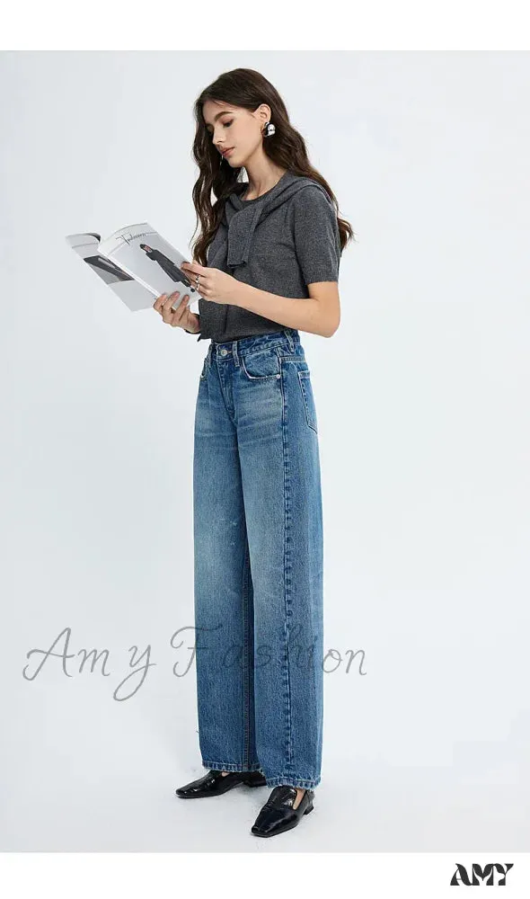 Amy Fashion - 2024 Spring New High-waisted Loose Slimming Wide-leg Denim Versatile Floor-length Jean