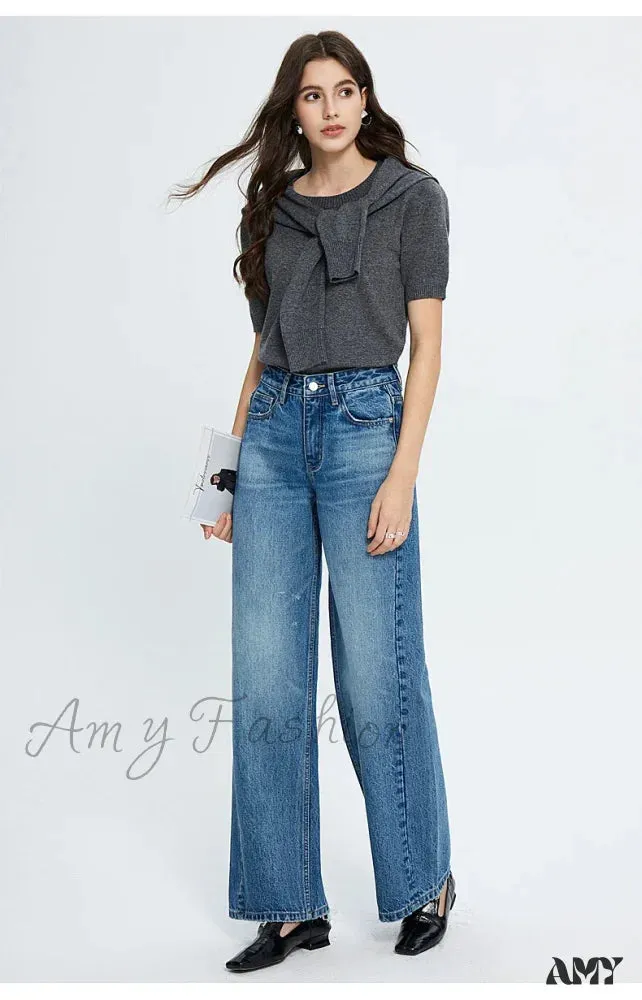 Amy Fashion - 2024 Spring New High-waisted Loose Slimming Wide-leg Denim Versatile Floor-length Jean