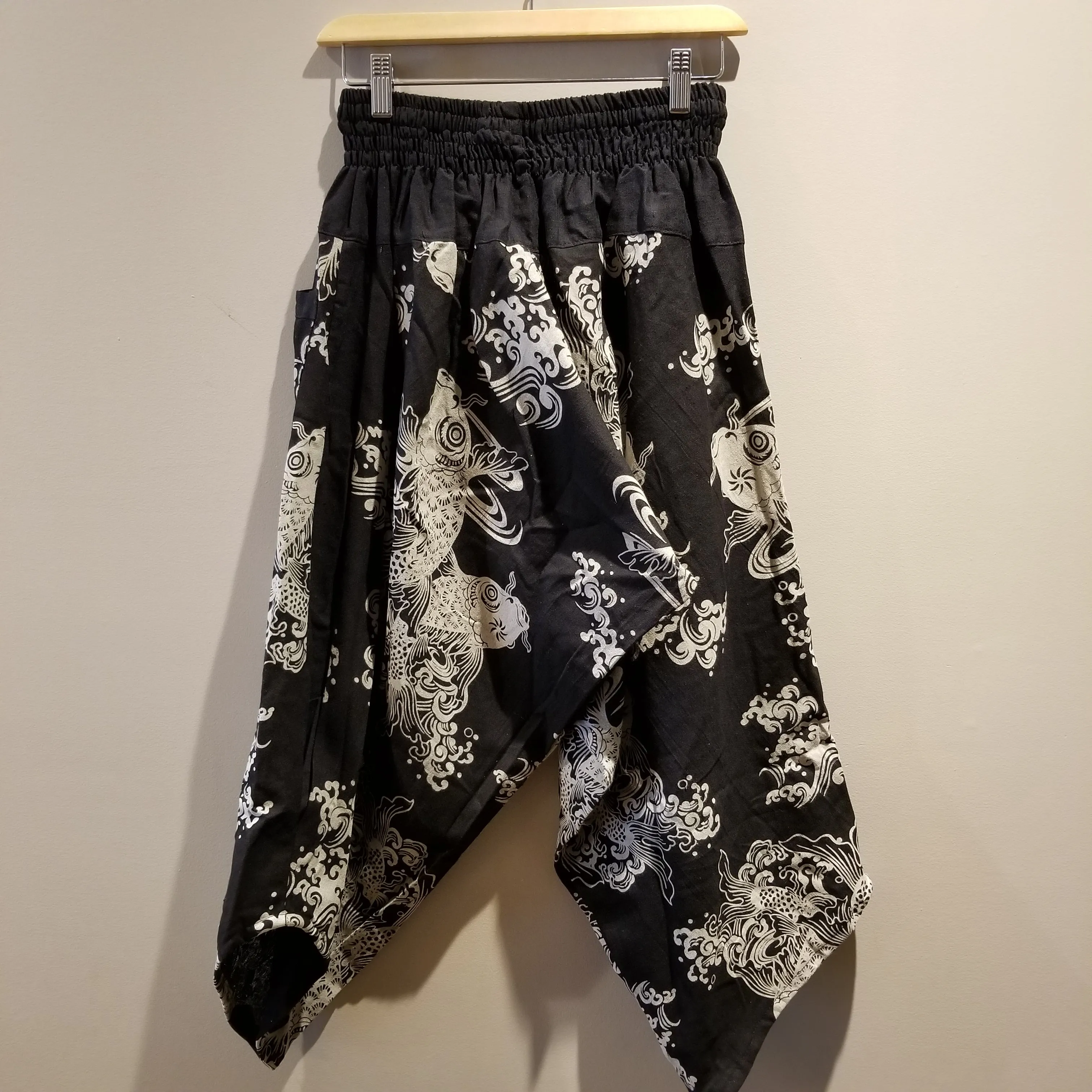 Black Koi Art Elastic Waist Samurai Pants