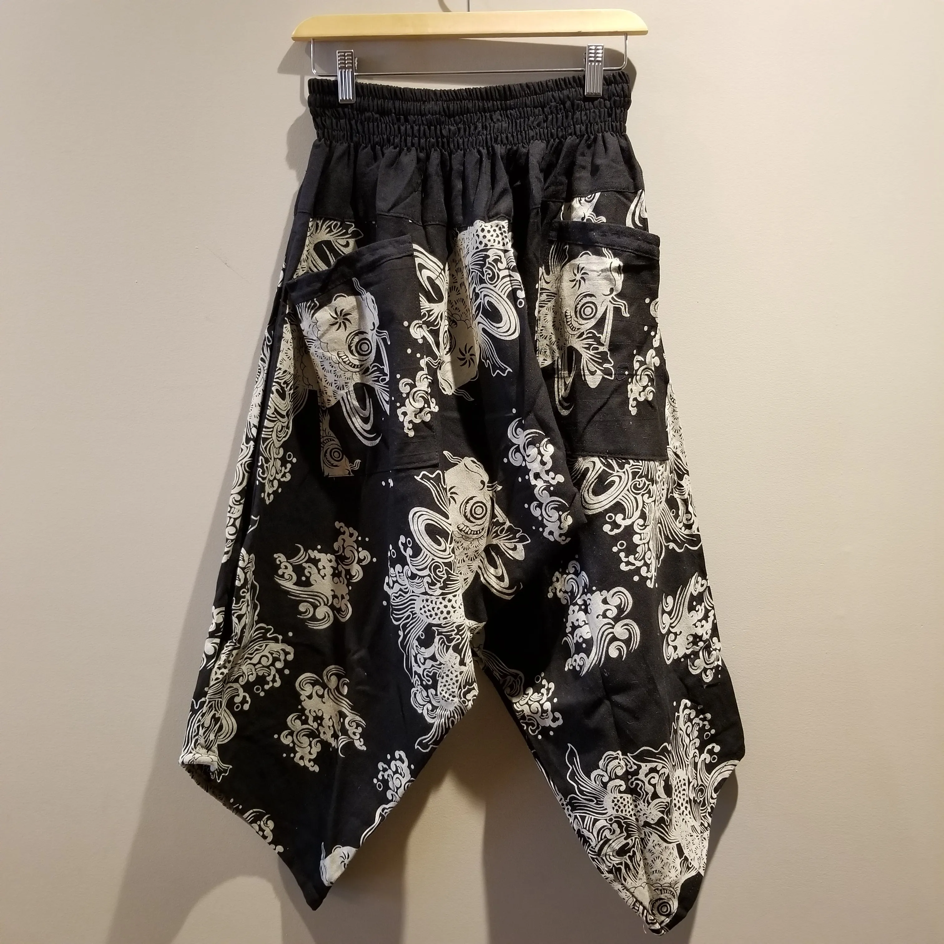 Black Koi Art Elastic Waist Samurai Pants