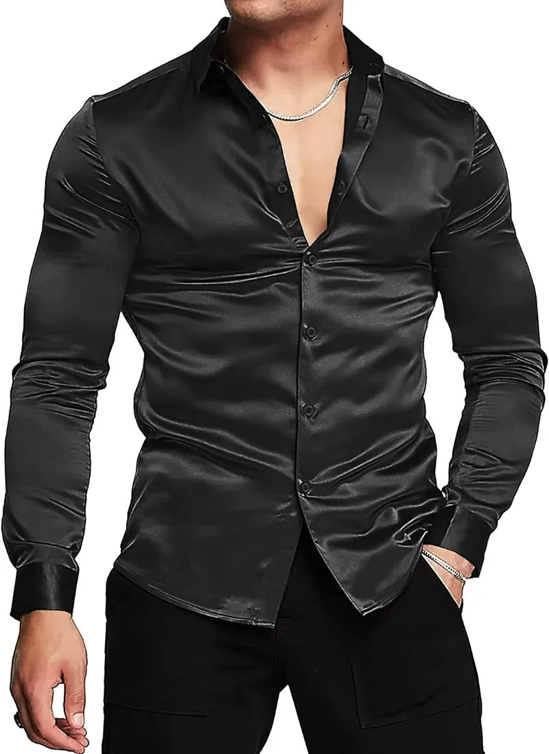 Black Men's Shiny Satin Silk Dress Shirt Long Sleeve Casual Slim Fit