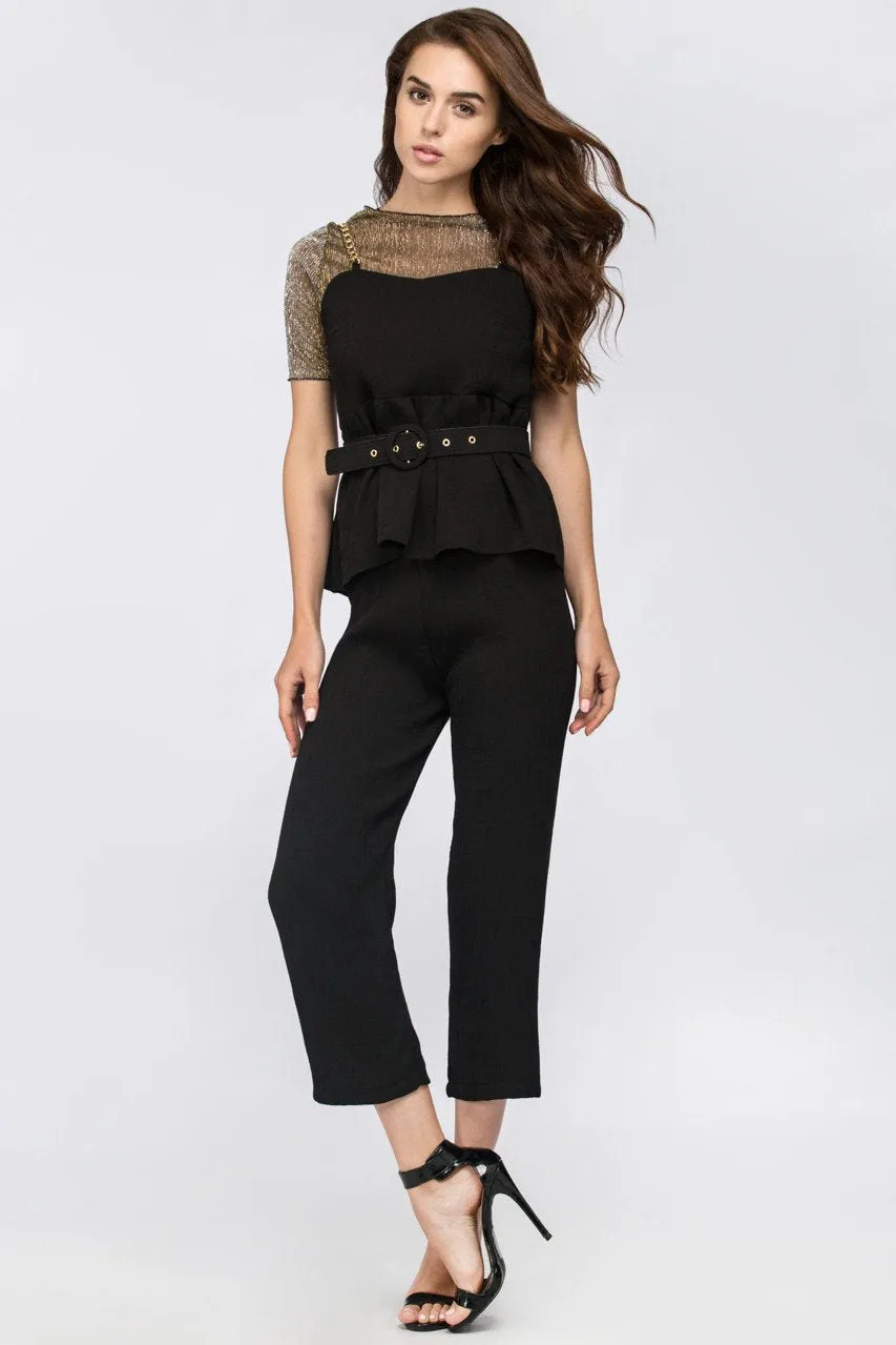 Black Metal Three Piece Peplum Jumpsuit with belt