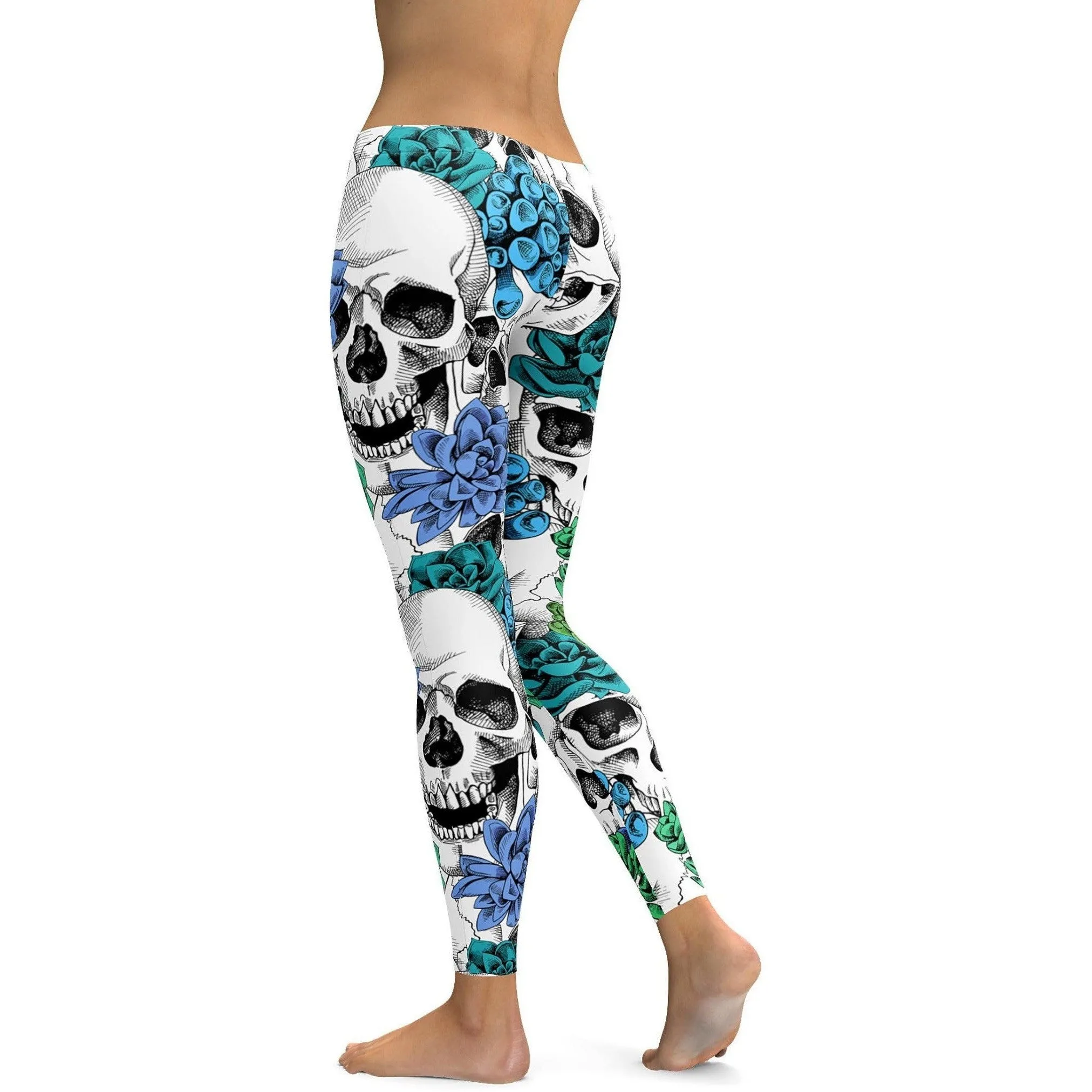 Blue Floral Skulls Leggings