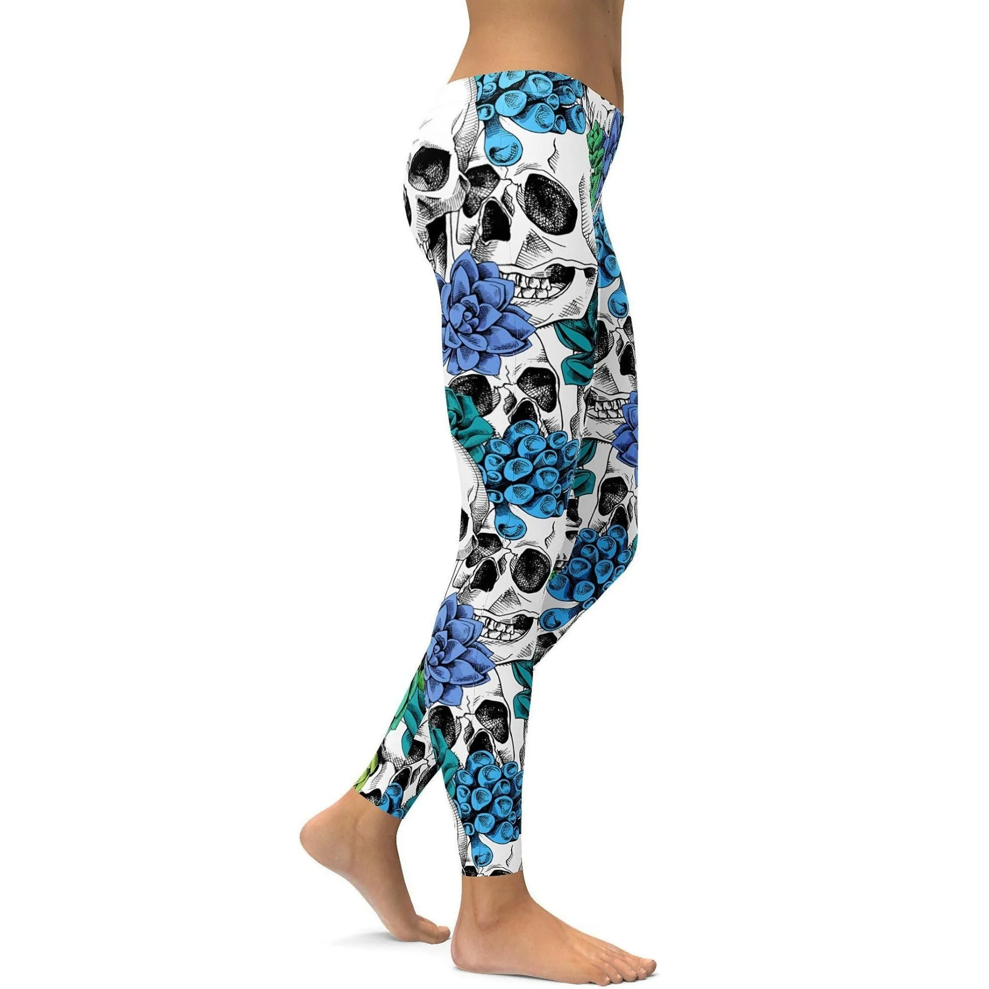 Blue Floral Skulls Leggings