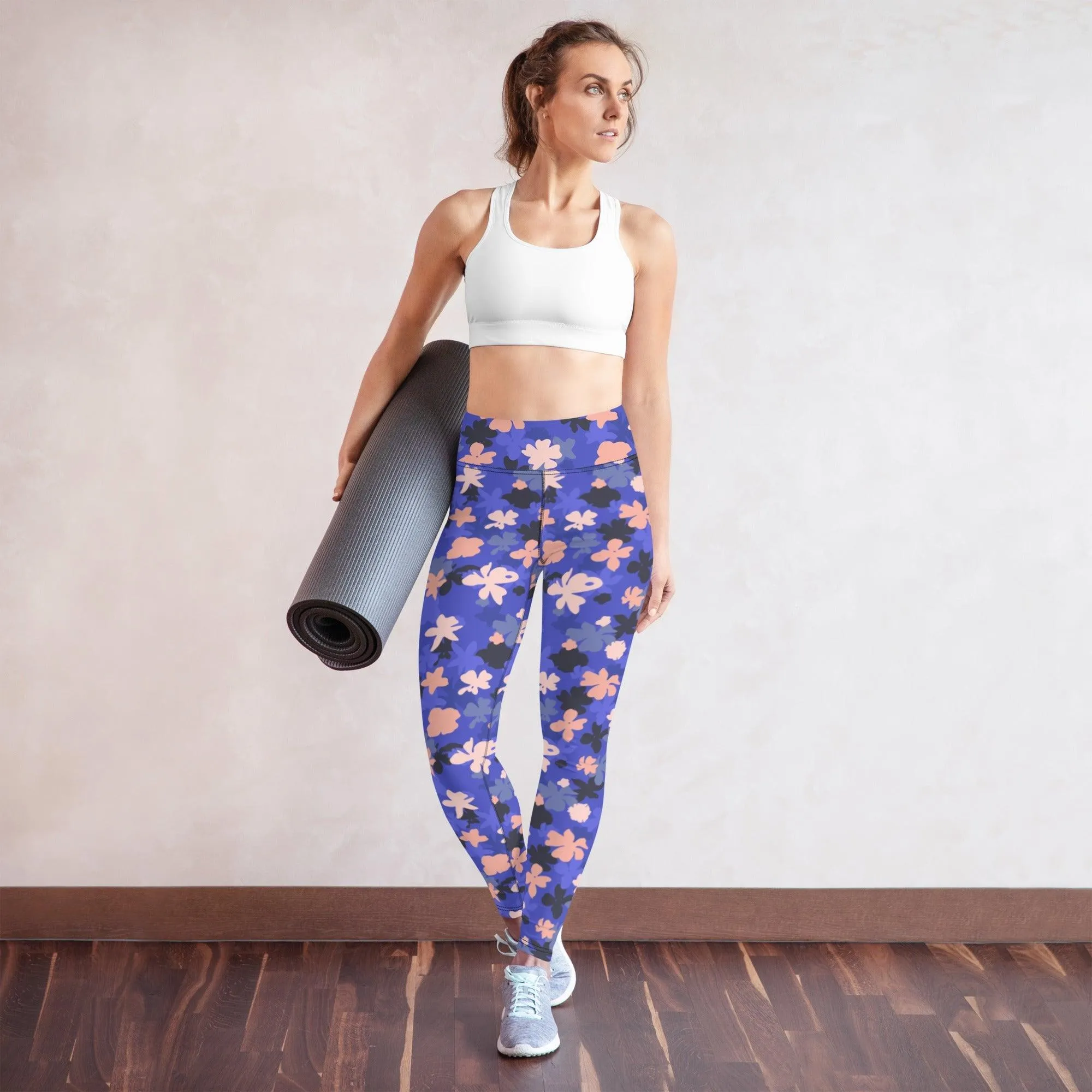 Blue Floral Women's High-Waisted Yoga Pants