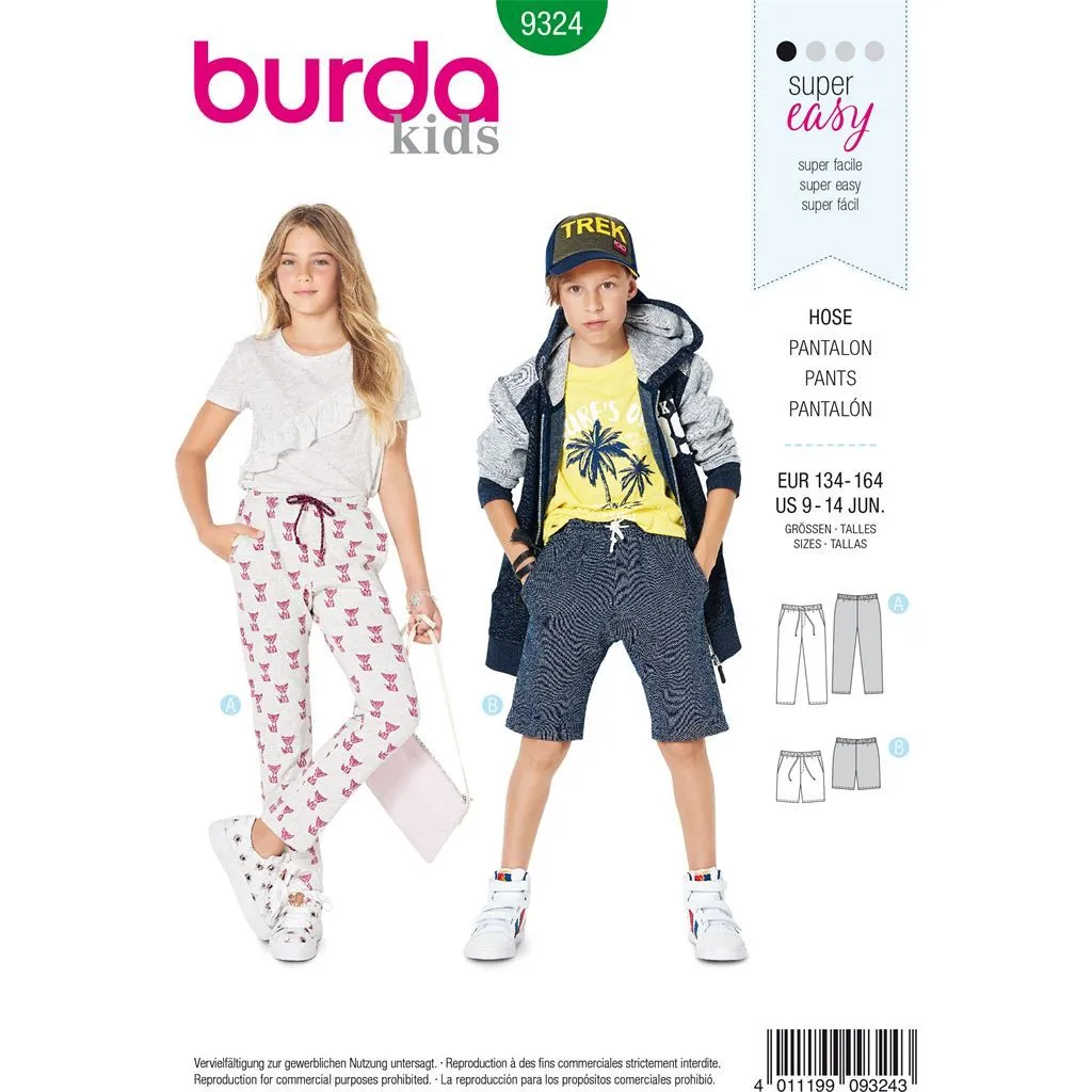 Burda Style Pattern B9324 Child's elastic waist pants