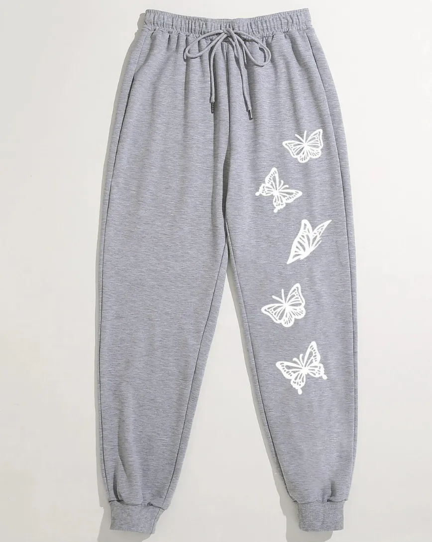 Butterfly Print Drawstring Waist Jogger Pants - Grey