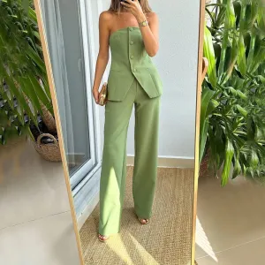 Casual Fashion Tailored Suit Button Graceful Tube Top Suit Pants