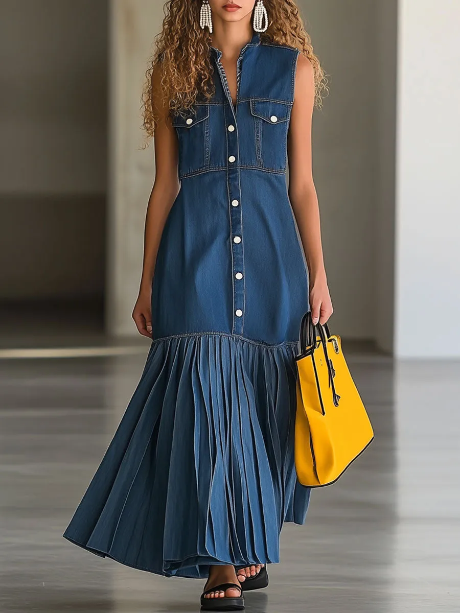 Casual Loose Vintage Blue Denim Pleated Sleeveless Maxi Dress