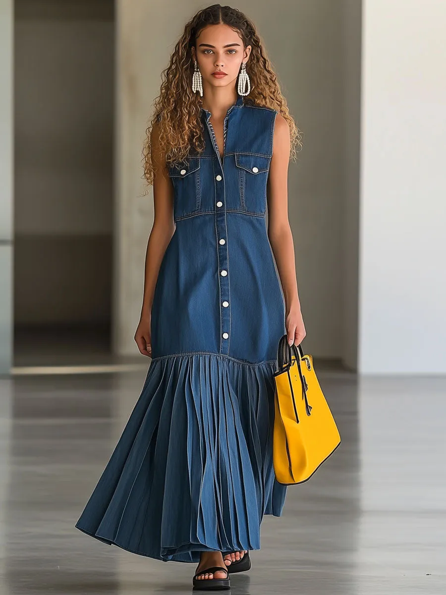 Casual Loose Vintage Blue Denim Pleated Sleeveless Maxi Dress