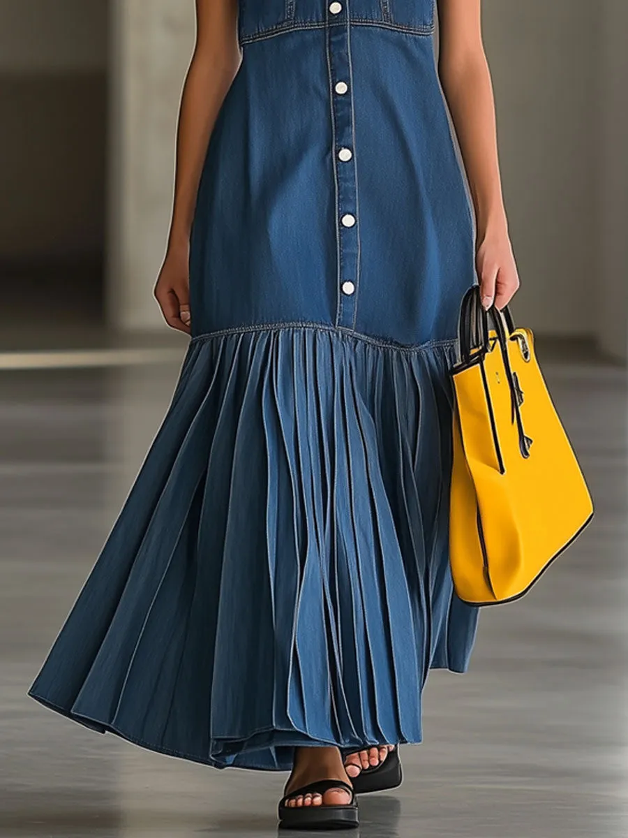 Casual Loose Vintage Blue Denim Pleated Sleeveless Maxi Dress