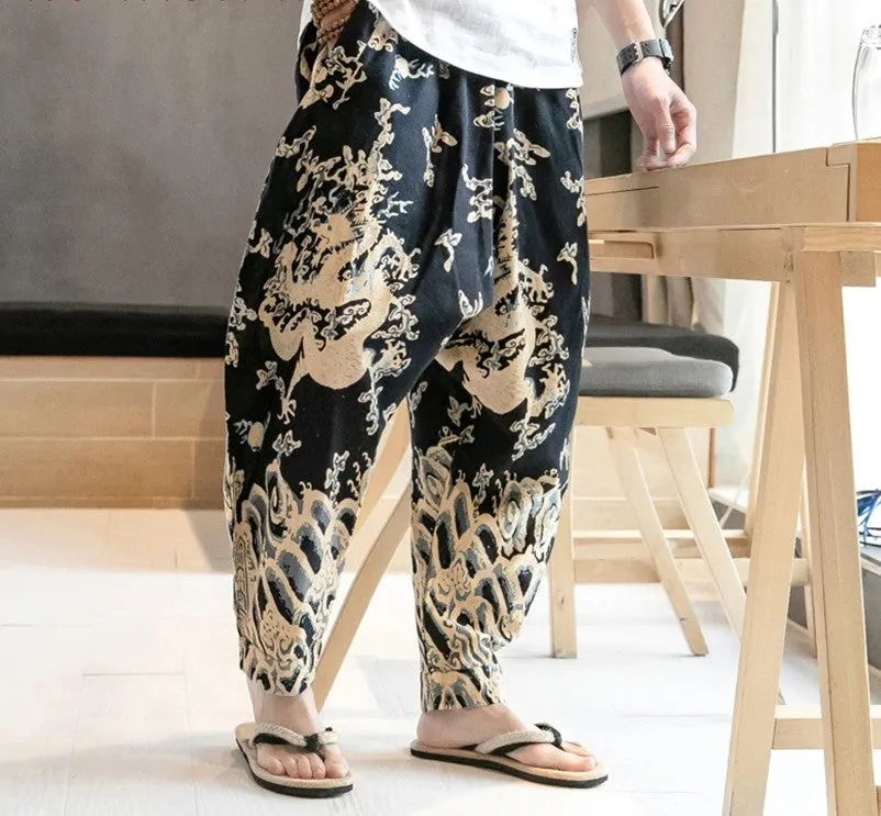 Chinese Dragon Print Wide Leg Japanese Streetwear Style Men Joggers Pants