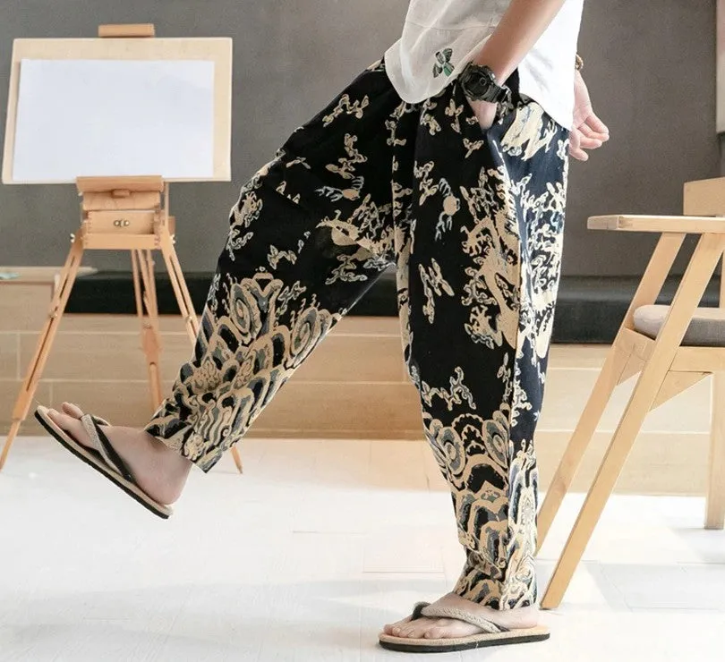 Chinese Dragon Print Wide Leg Japanese Streetwear Style Men Joggers Pants