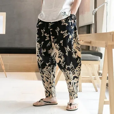 Chinese Dragon Print Wide Leg Japanese Streetwear Style Men Joggers Pants