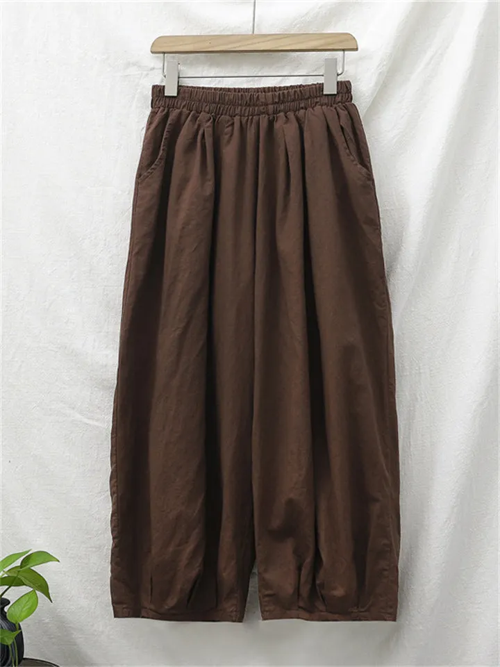 Comfortable Cotton Linen Elastic Waist Lantern Pants for Female