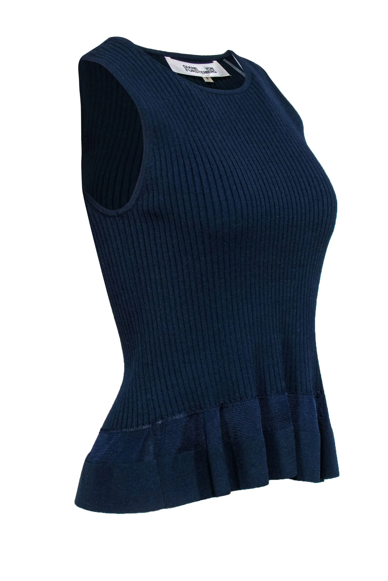 Diane von Furstenberg - Navy Rib Knit Peplum Tank Top Sz S