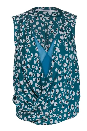 Diane von Furstenberg - Teal Green Leopard Print Faux Wrap Front Tp Sz P