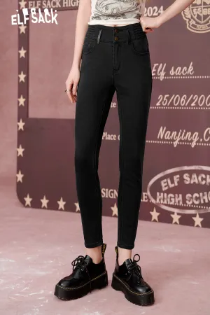 ELFSACK 2024 Autumn New Arrivals Black Versatile high waist skinny denim leggings for women