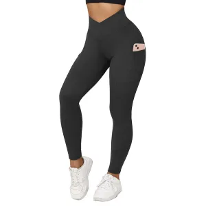 Fullsoft Black Womens Push Up Yoga Leggings With Pocket High Cross Waisted Pants