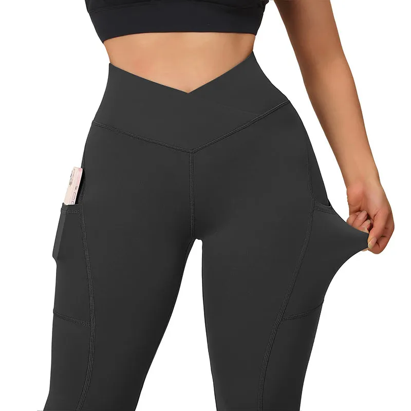 Fullsoft Black Womens Push Up Yoga Leggings With Pocket High Cross Waisted Pants