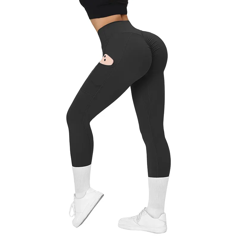 Fullsoft Black Womens Push Up Yoga Leggings With Pocket High Cross Waisted Pants