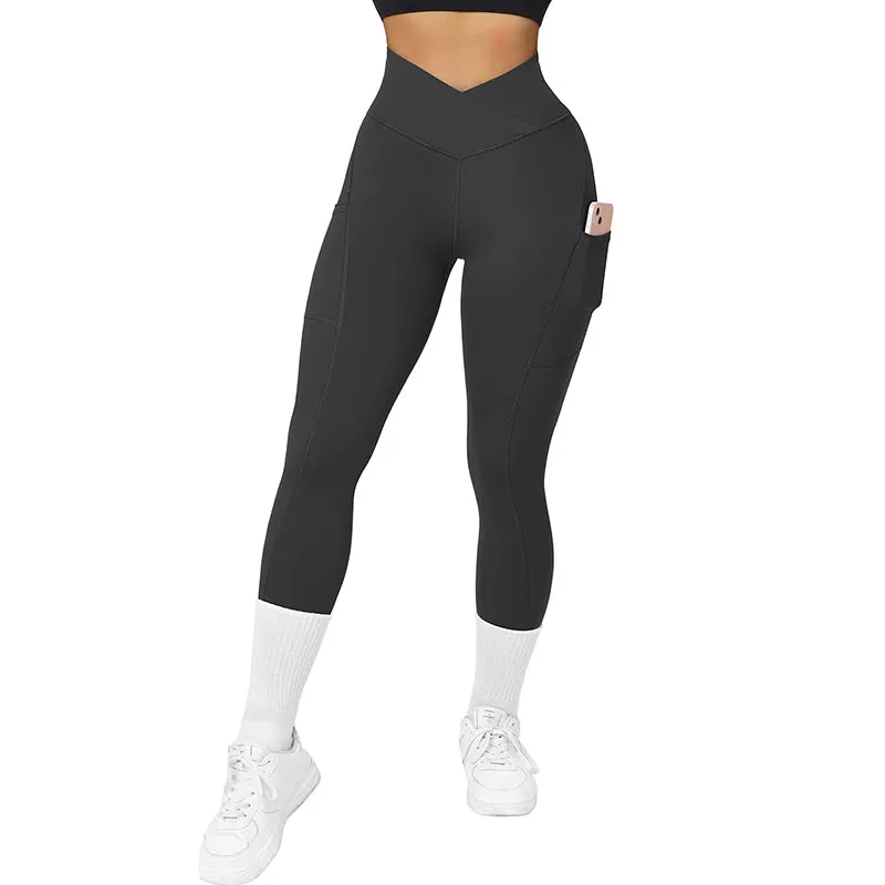 Fullsoft Black Womens Push Up Yoga Leggings With Pocket High Cross Waisted Pants