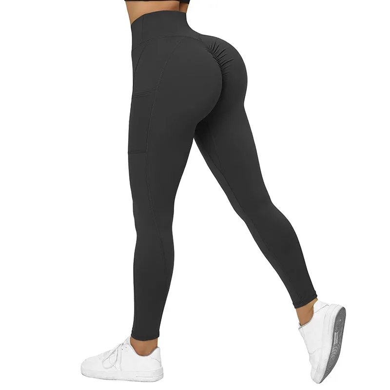 Fullsoft Black Womens Push Up Yoga Leggings With Pocket High Cross Waisted Pants