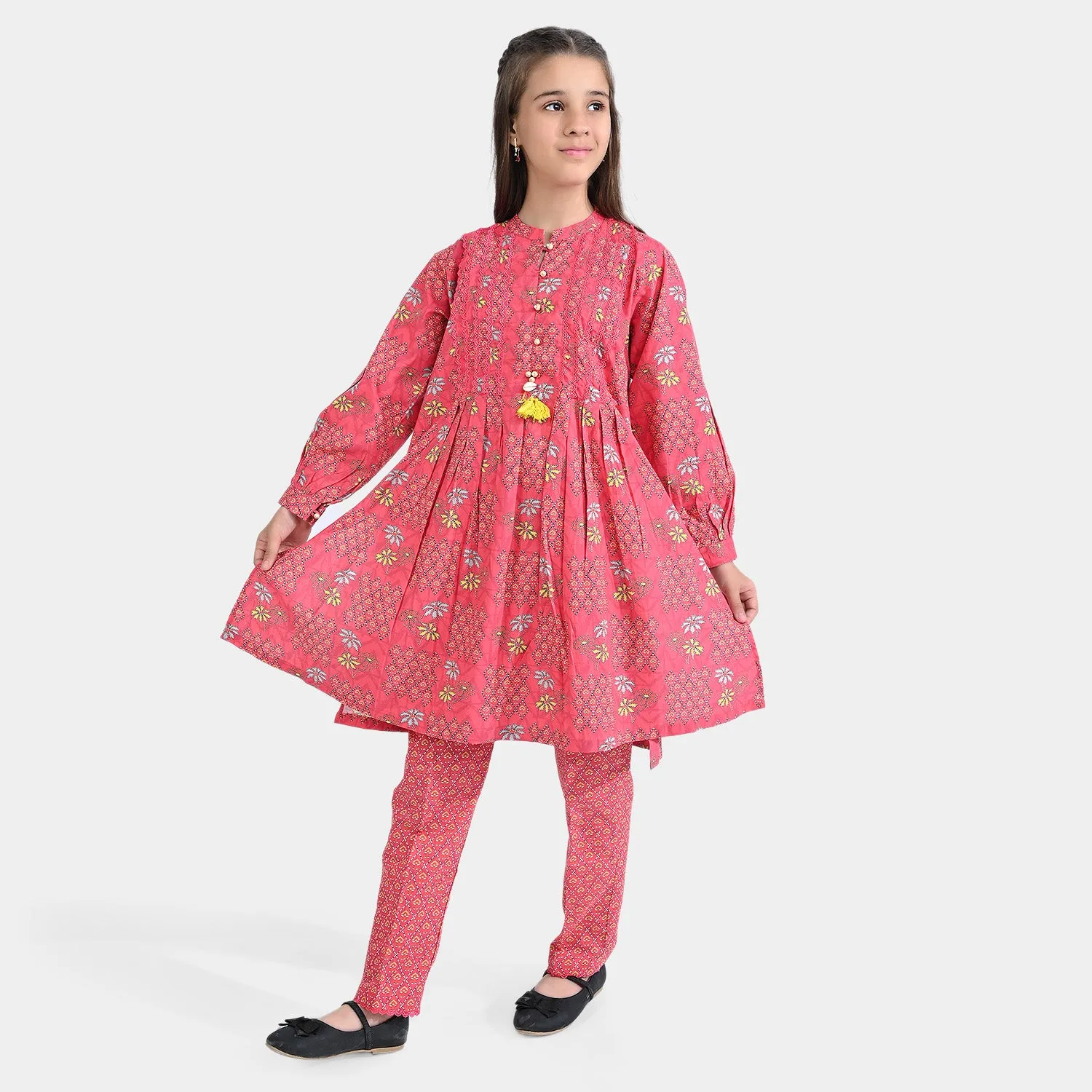 Girls Cotton Poplin Printed 2PCs Suit Floral Kantha-Multi