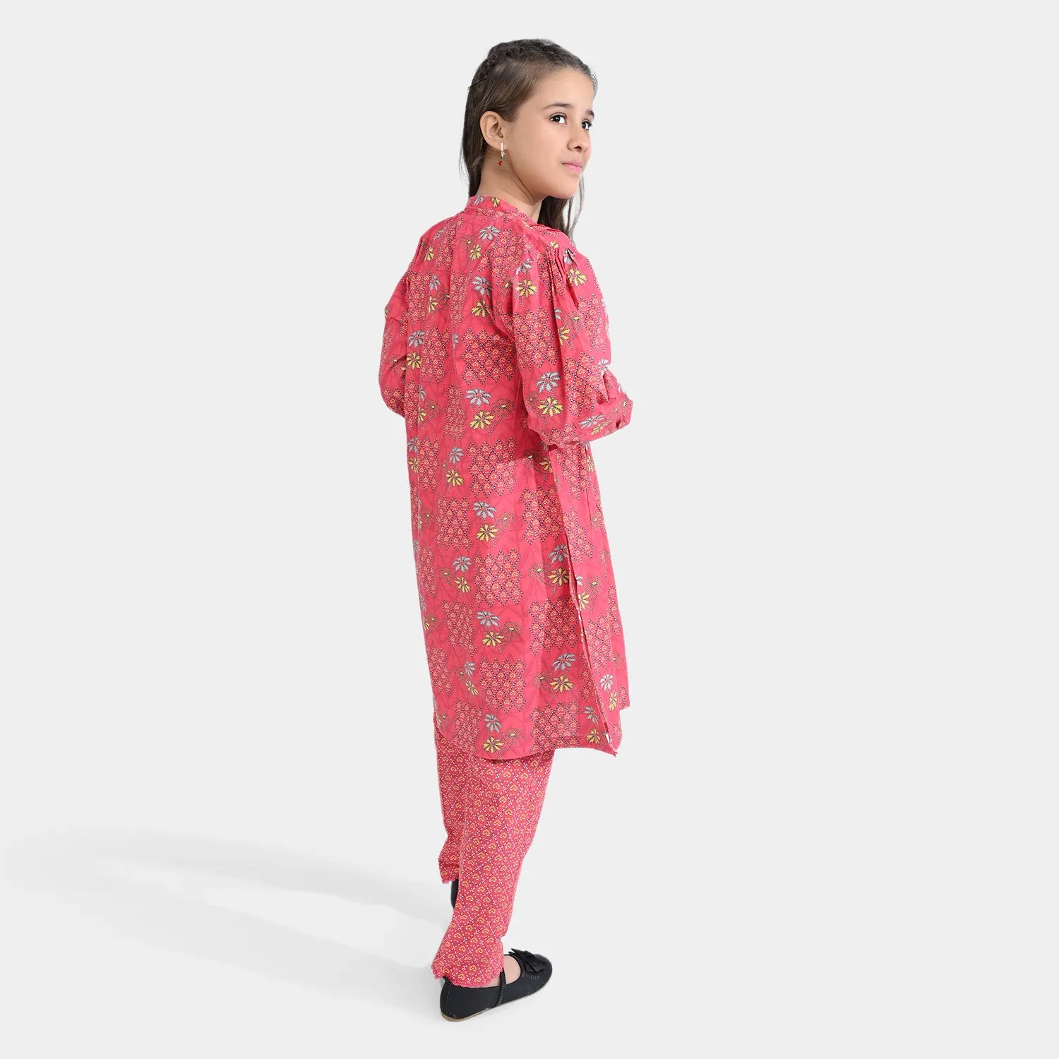 Girls Cotton Poplin Printed 2PCs Suit Floral Kantha-Multi