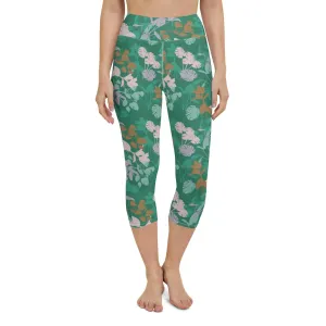 Green Floral Women's Capri Yoga Pants