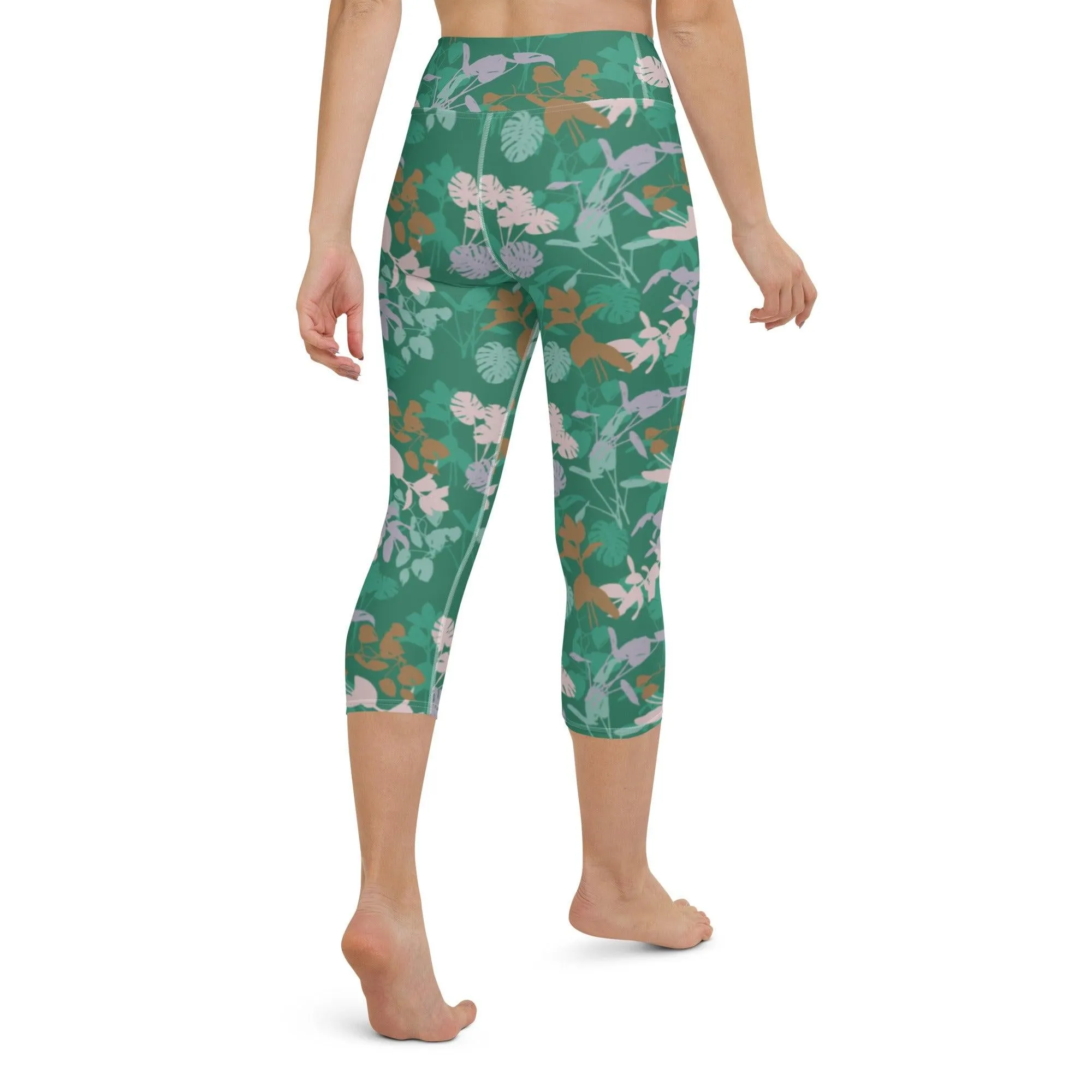 Green Floral Women's Capri Yoga Pants