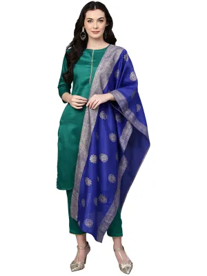 Green Solid Kurta with Trousers & Printed Dupatta