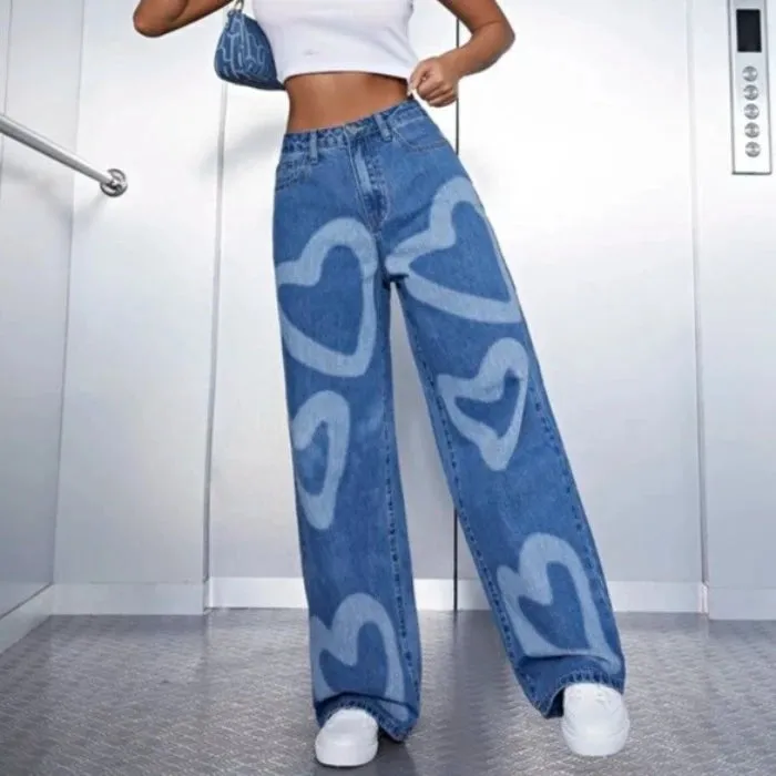 Heart Print Wide Leg Jeans