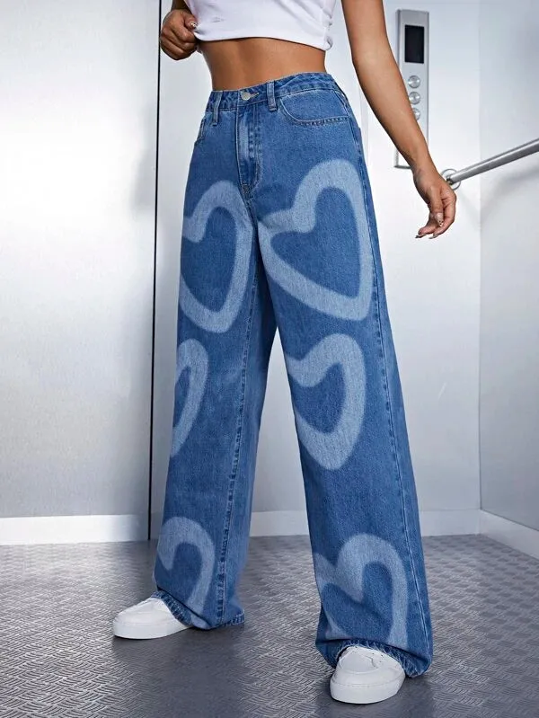 Heart Print Wide Leg Jeans