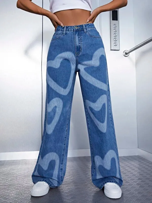 Heart Print Wide Leg Jeans