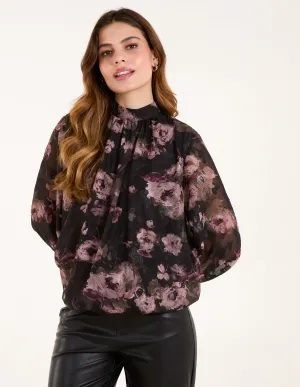 High Neck Bubble Hem Floral Jacquard Blouse