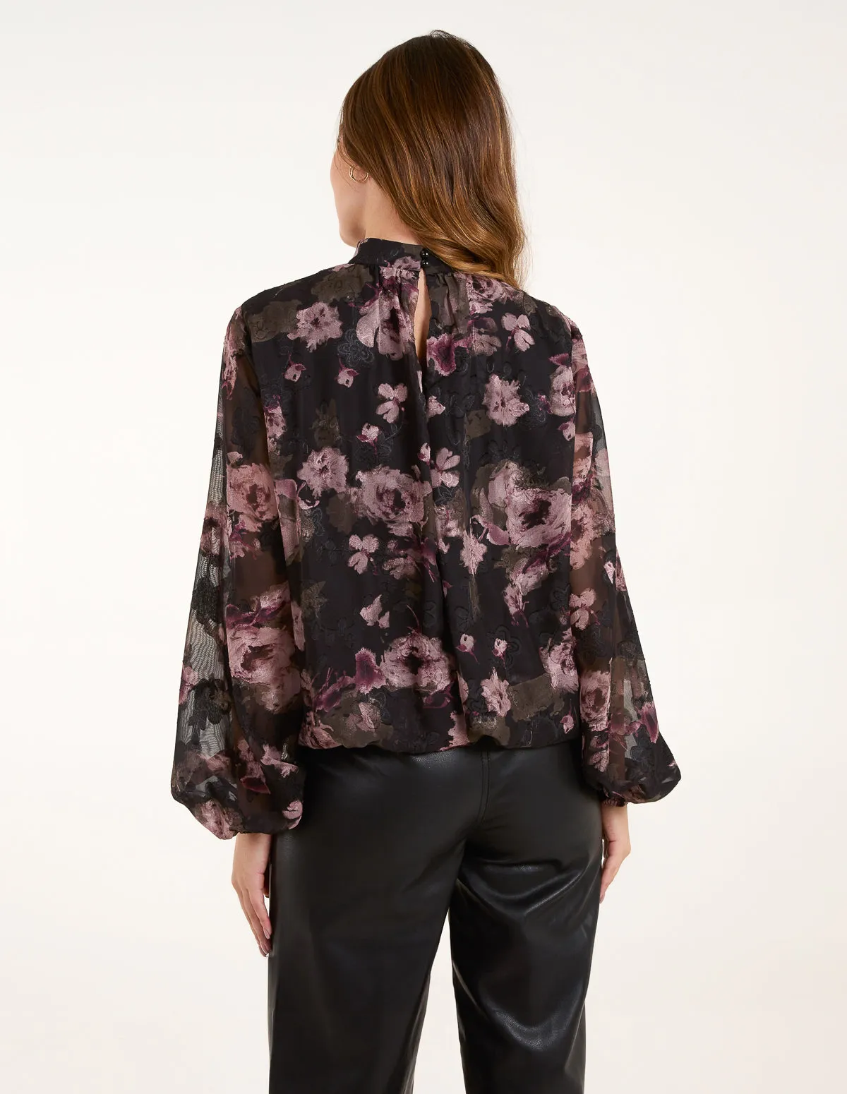 High Neck Bubble Hem Floral Jacquard Blouse