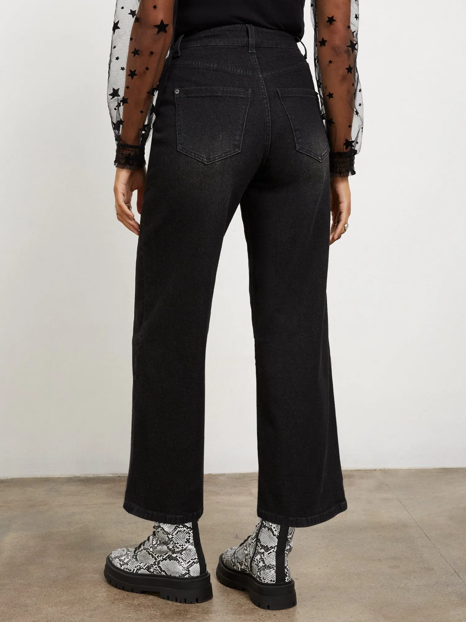 High-Waisted Wide-Leg Capri Jeans - Black