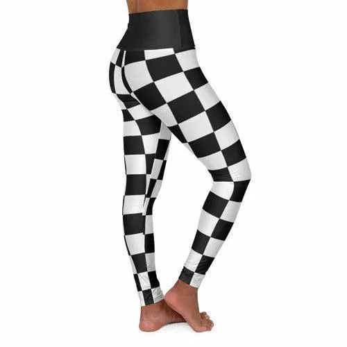 High Waisted Yoga Leggings, Black And White Checker Style Fitness